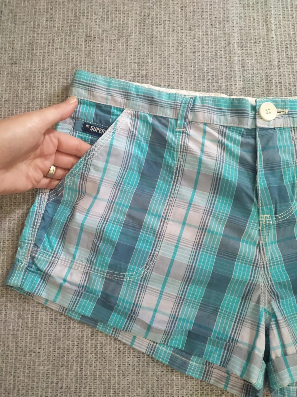 Superdry Short en Coton à Carreaux pour Femme M Turquoise Blue Y2K – photo 7